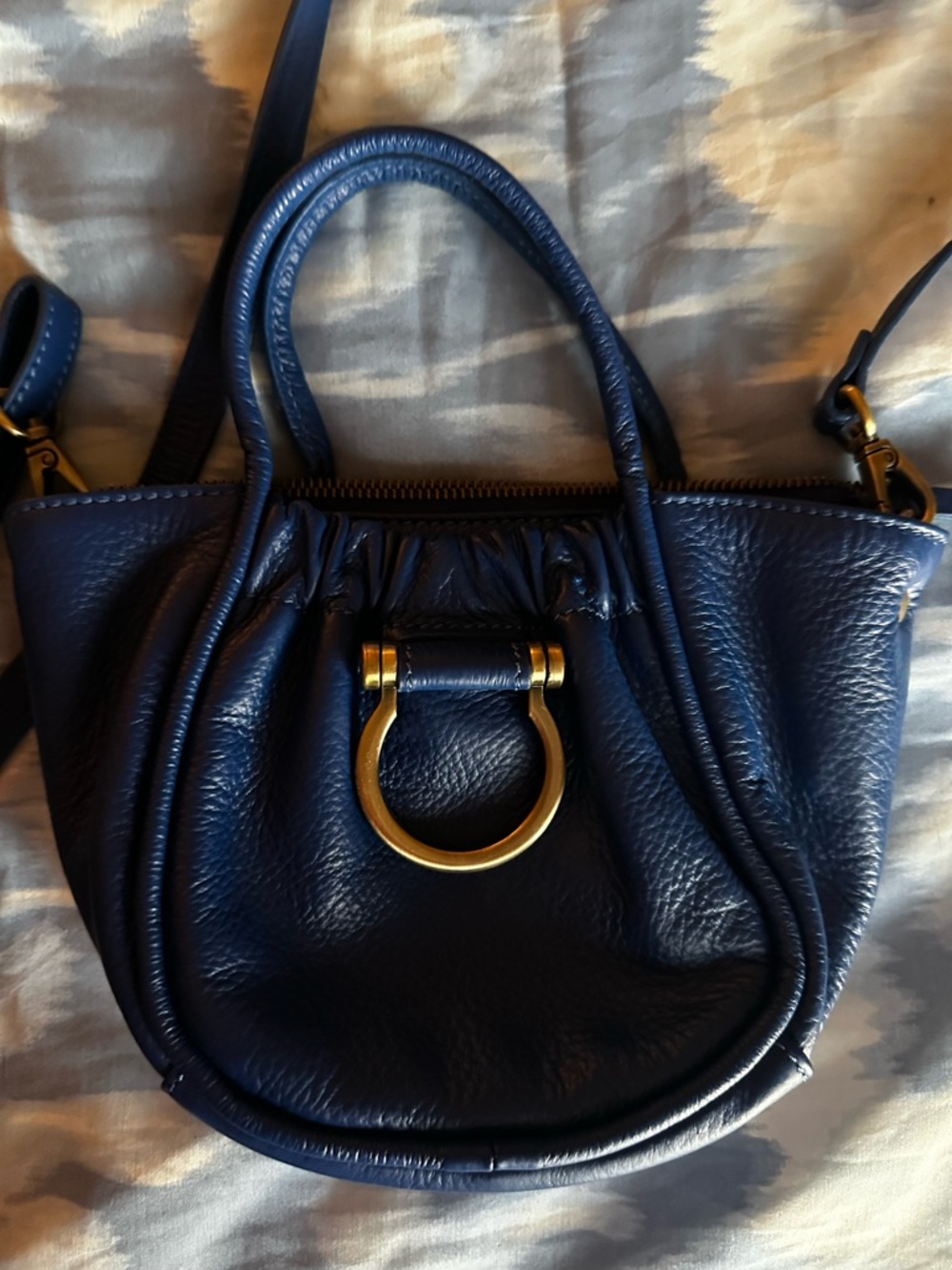 Navy Leather Crossbody Bag with Silver Ring Accent